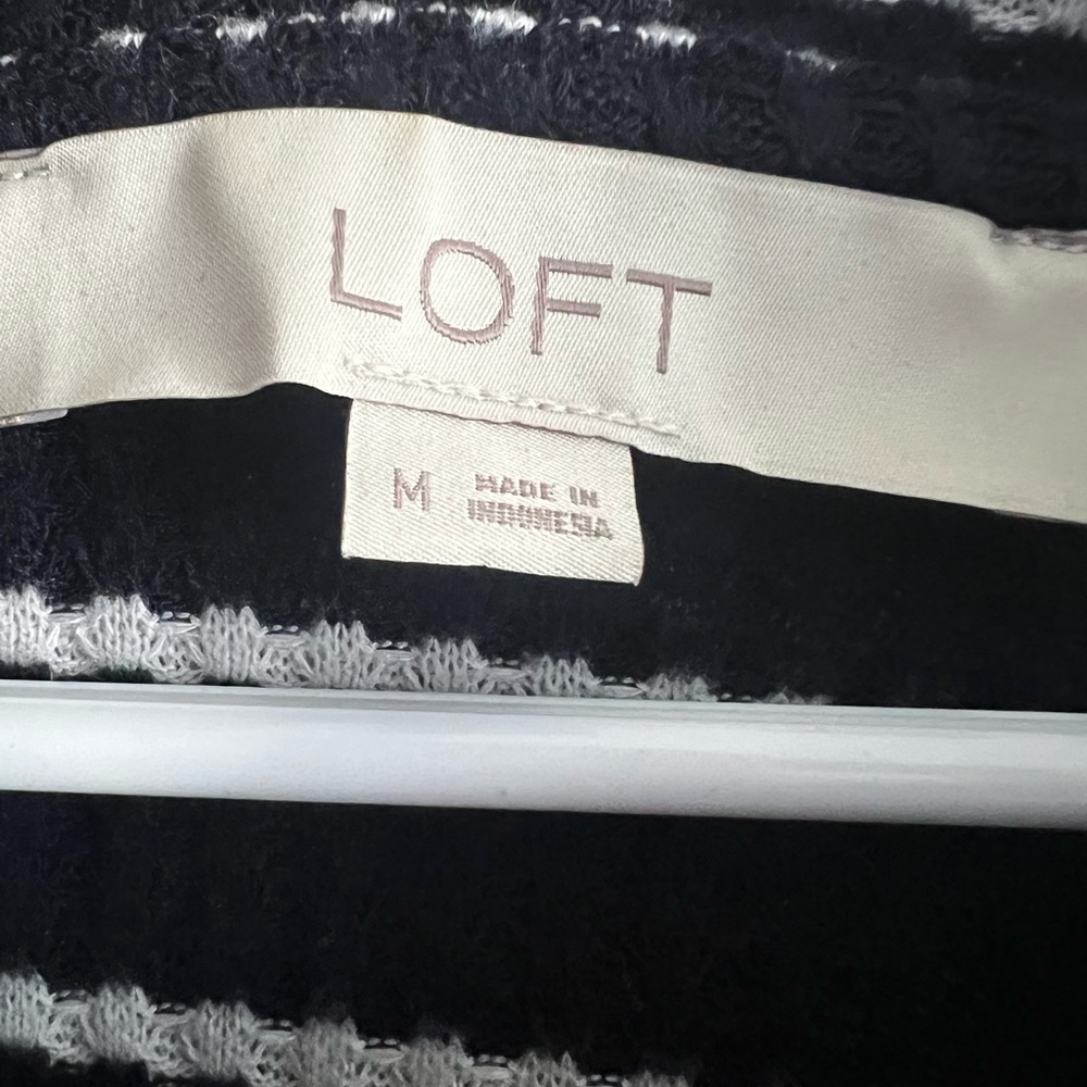 LOFT Striped Sweater Hoodie Navy Ivory Ribbed Knit Pullover - Size Medium - Picture 5 of 5
